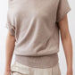 Misty gray short-sleeve sweater back with draped cowl neckline and ribbed hem