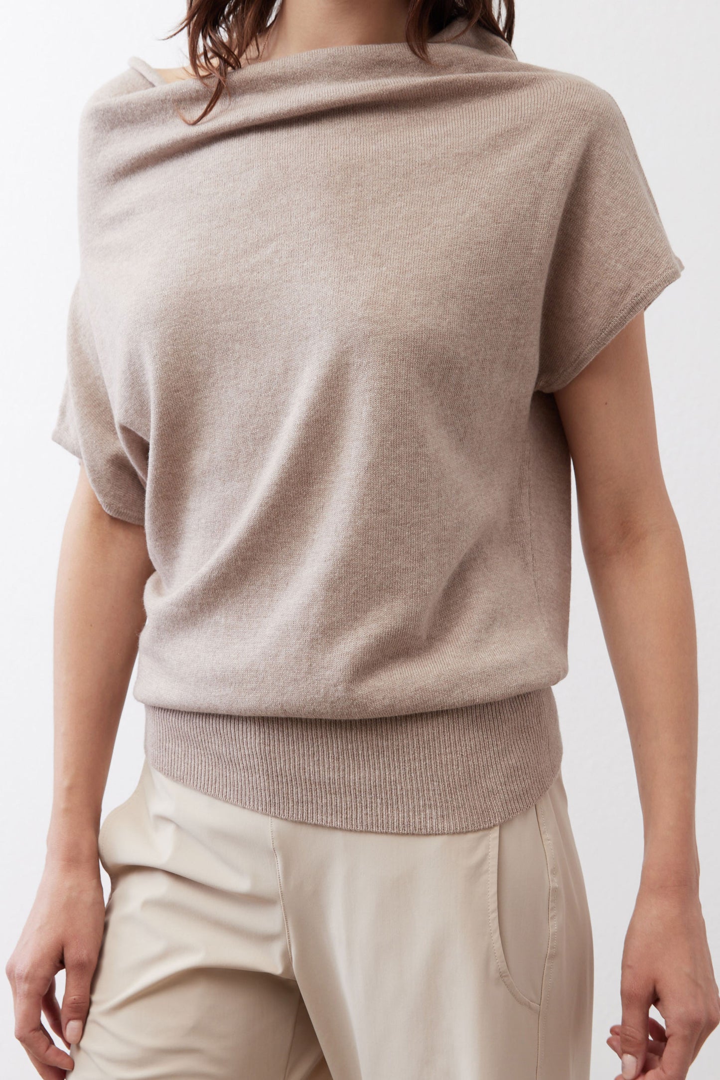 Misty gray short-sleeve sweater back with draped cowl neckline and ribbed hem