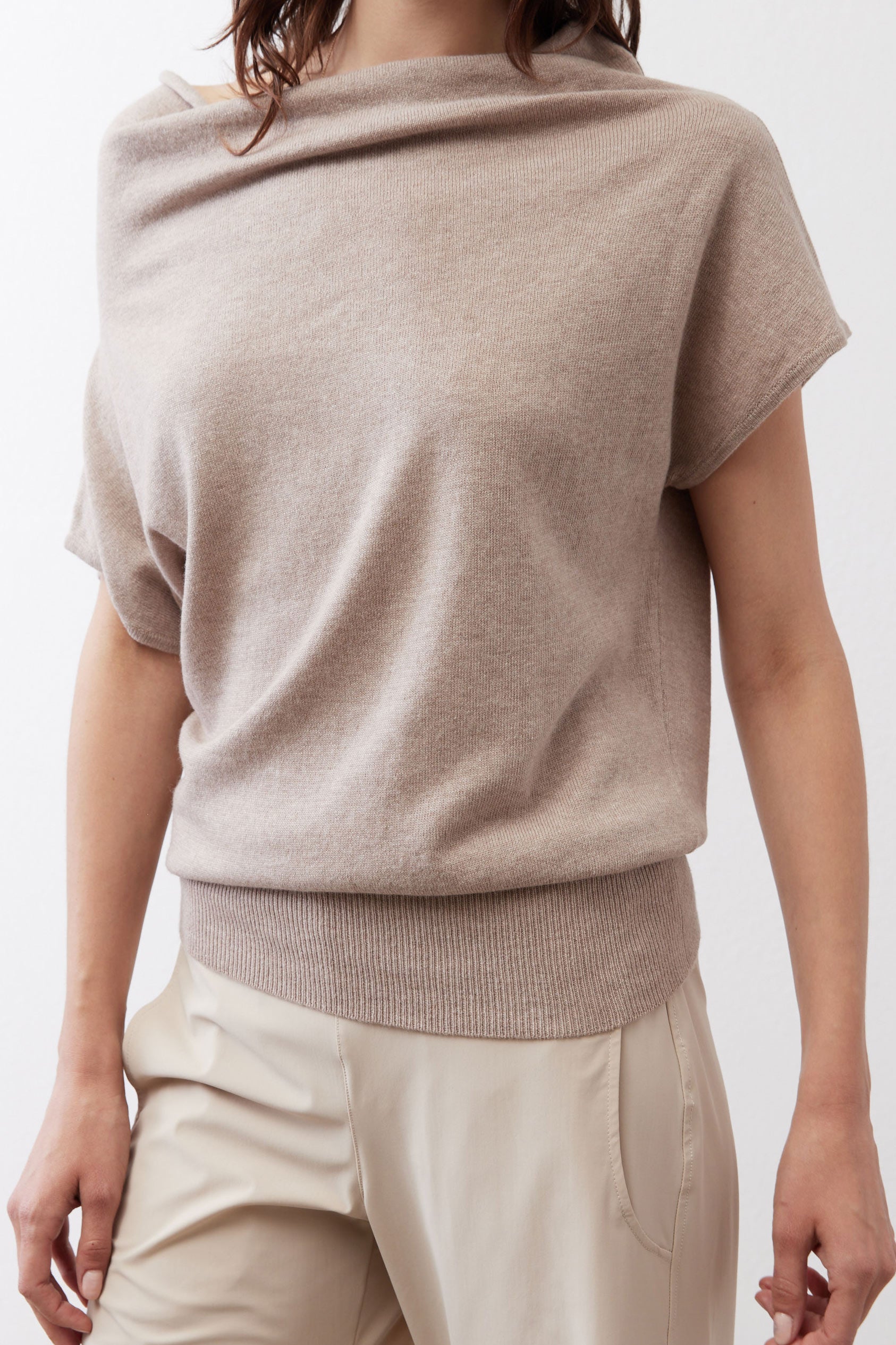 Misty gray short-sleeve sweater back with draped cowl neckline and ribbed hem