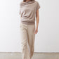 Misty gray short-sleeve sweater with relaxed fit, drape cowl collar, ribbed hem