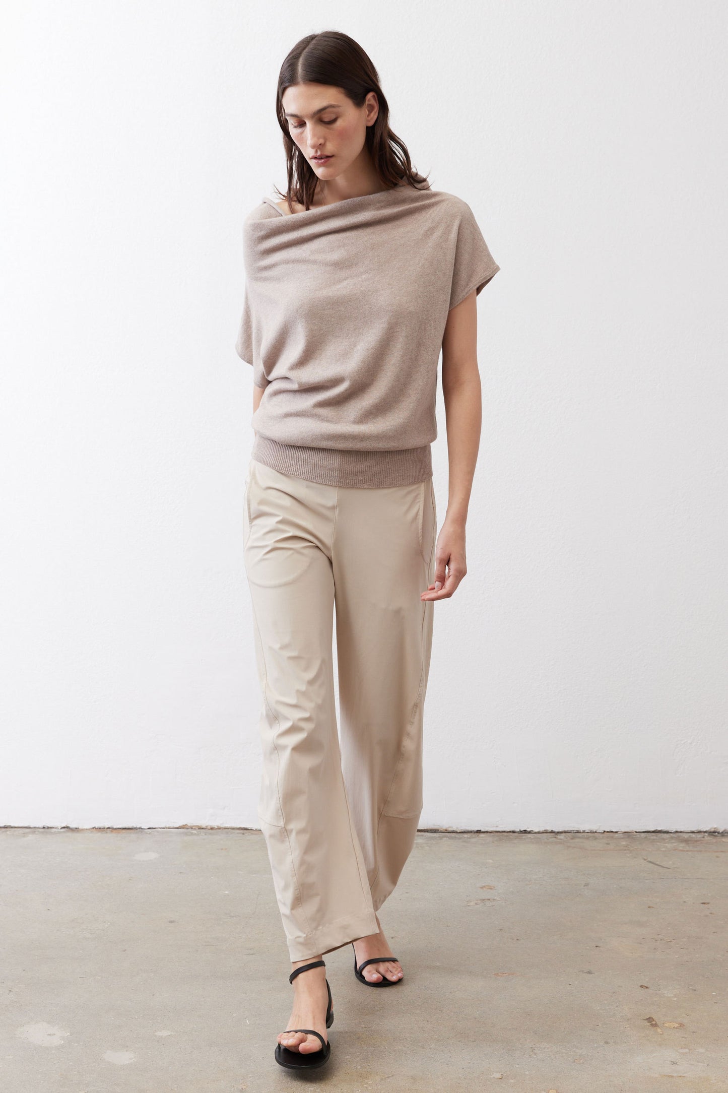 Misty gray short-sleeve sweater with relaxed fit, drape cowl collar, ribbed hem