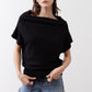 Black short-sleeve sweater with off-shoulder draped neckline