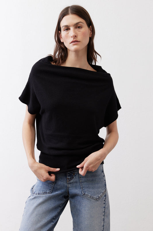 Black short-sleeve sweater with off-shoulder draped neckline