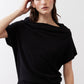 Black short-sleeve sweater with loose cowl drape at neckline