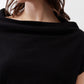 Black knit sweater neckline close-up with soft drape