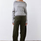 Silver heather knit crewneck sweater, long sleeves, relaxed fit, side profile.