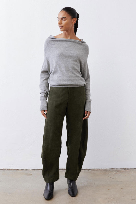 Silver heather knit crewneck sweater, long sleeves, relaxed fit, side profile.