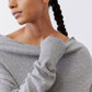 Silver heather knit sweater close-up, crew neckline and ribbed sleeve cuffs.