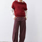 Dark cherry short-sleeve sweater with draped cowl neck and ribbed hem
