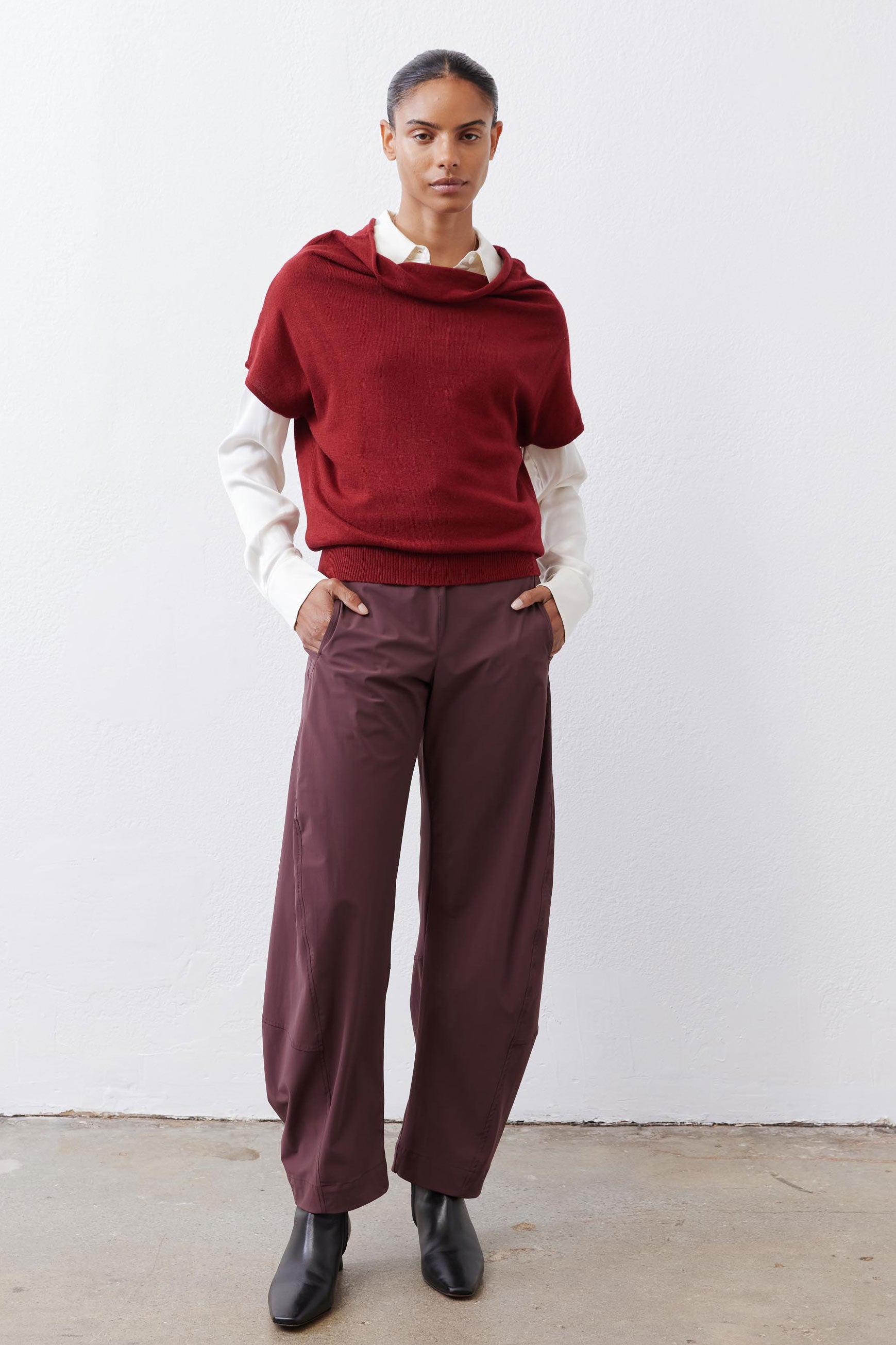 Dark cherry short-sleeve sweater with draped cowl neck and ribbed hem