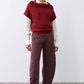 Dark cherry short-sleeve sweater with draped cowl neckline and loose fit