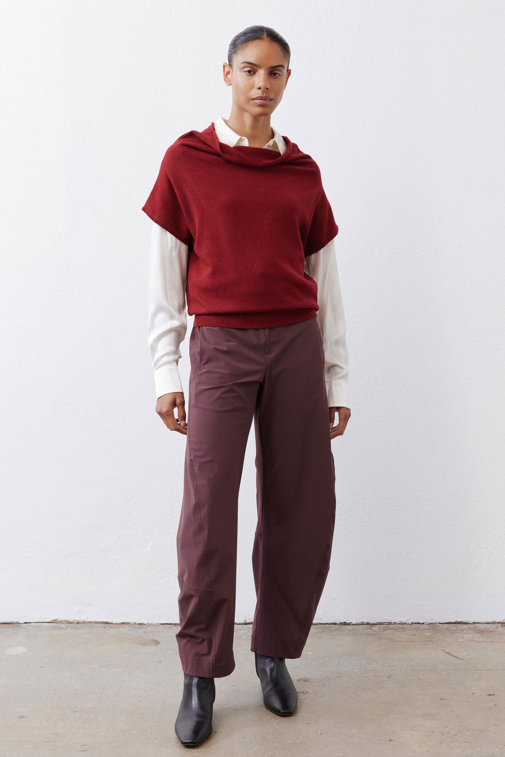 Dark cherry short-sleeve sweater with draped cowl neckline and loose fit