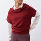Dark cherry short-sleeve sweater with draped cowl neck and ribbed cuffs