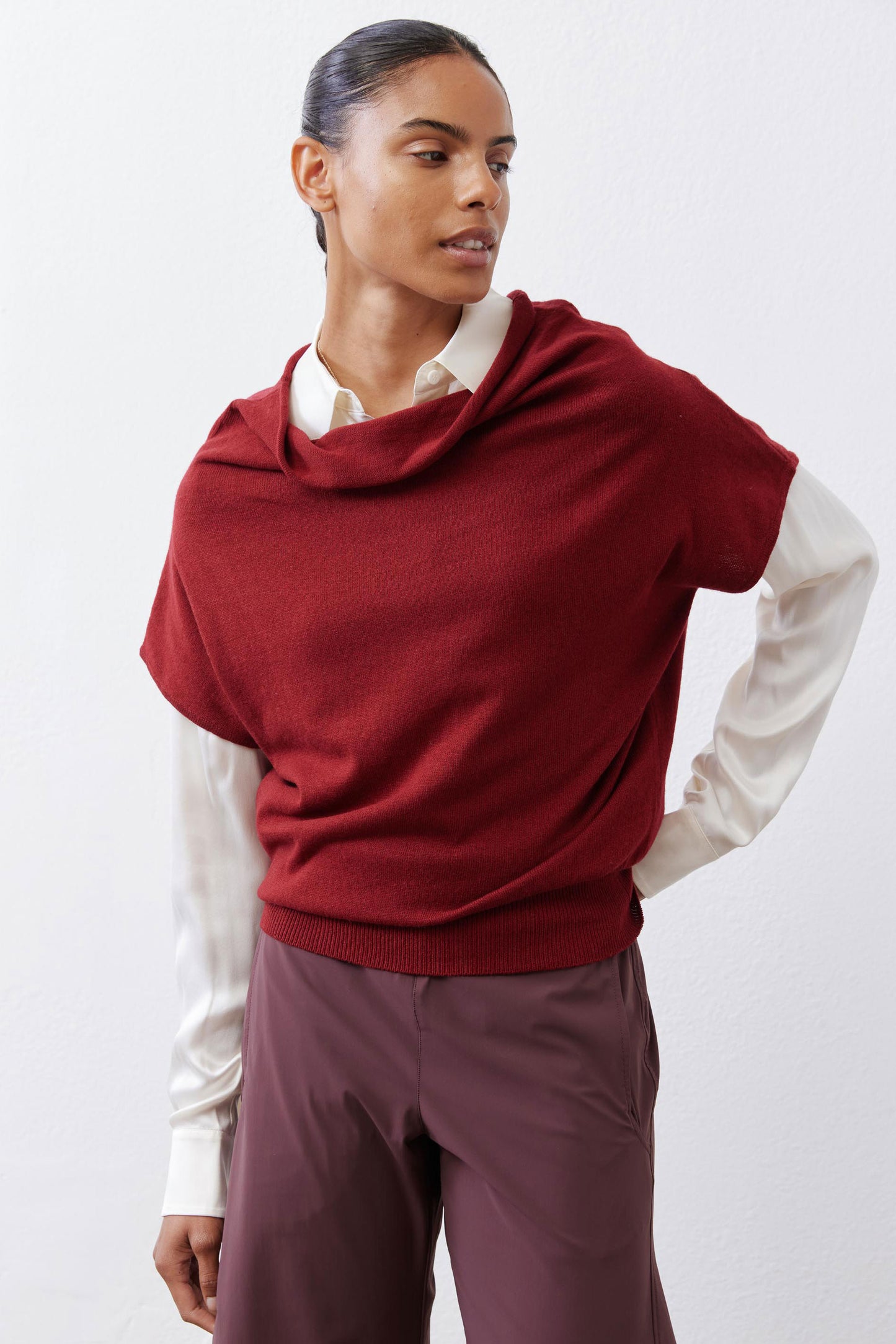 Dark cherry short-sleeve sweater with draped cowl neck and ribbed cuffs