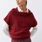 Dark cherry short-sleeve sweater with draped cowl neck and ribbed hem