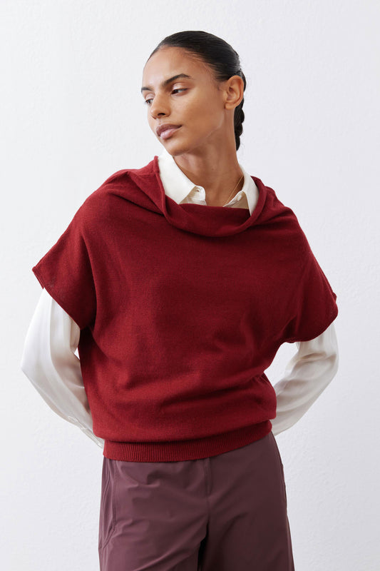 Dark cherry short-sleeve sweater with draped cowl neck and ribbed hem