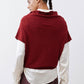 Dark cherry short-sleeve sweater with draped cowl neck, back view