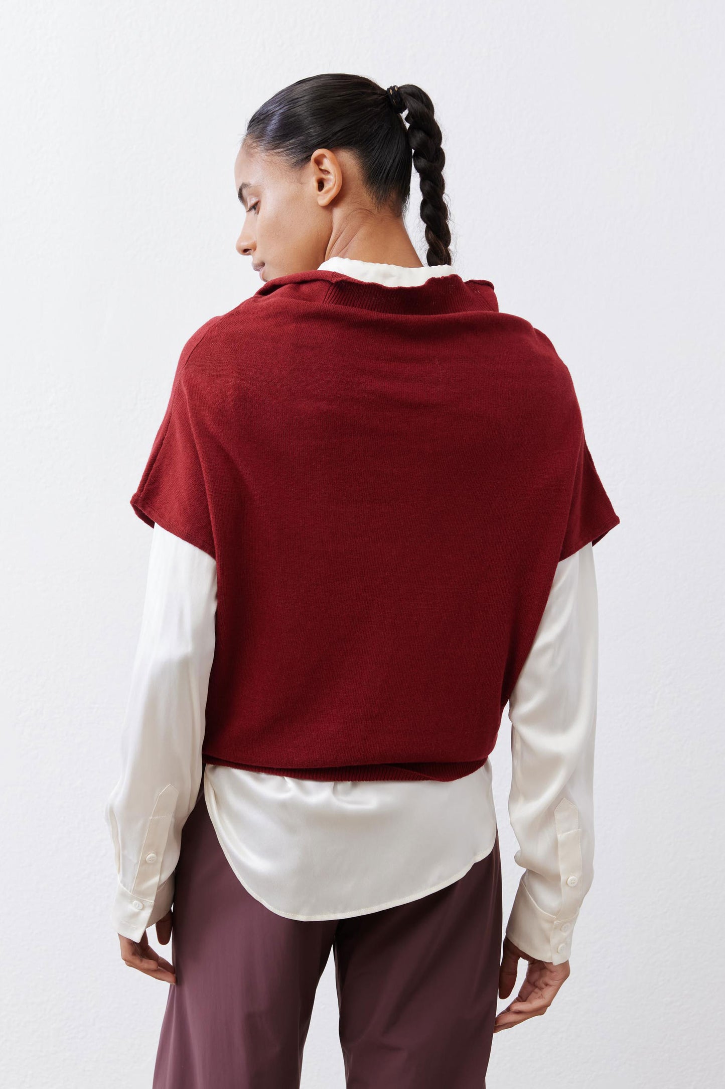 Dark cherry short-sleeve sweater with draped cowl neck, back view