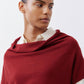 Dark cherry cowl-neck short-sleeve sweater close-up with ribbed neckline