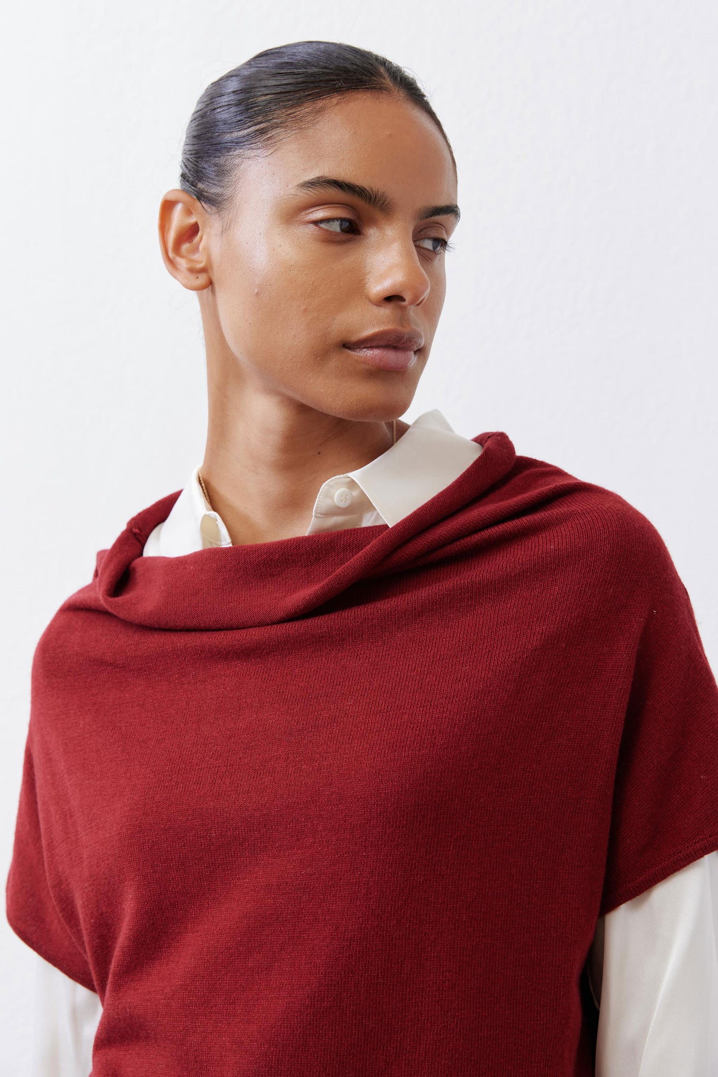 Dark cherry cowl-neck short-sleeve sweater close-up with ribbed neckline