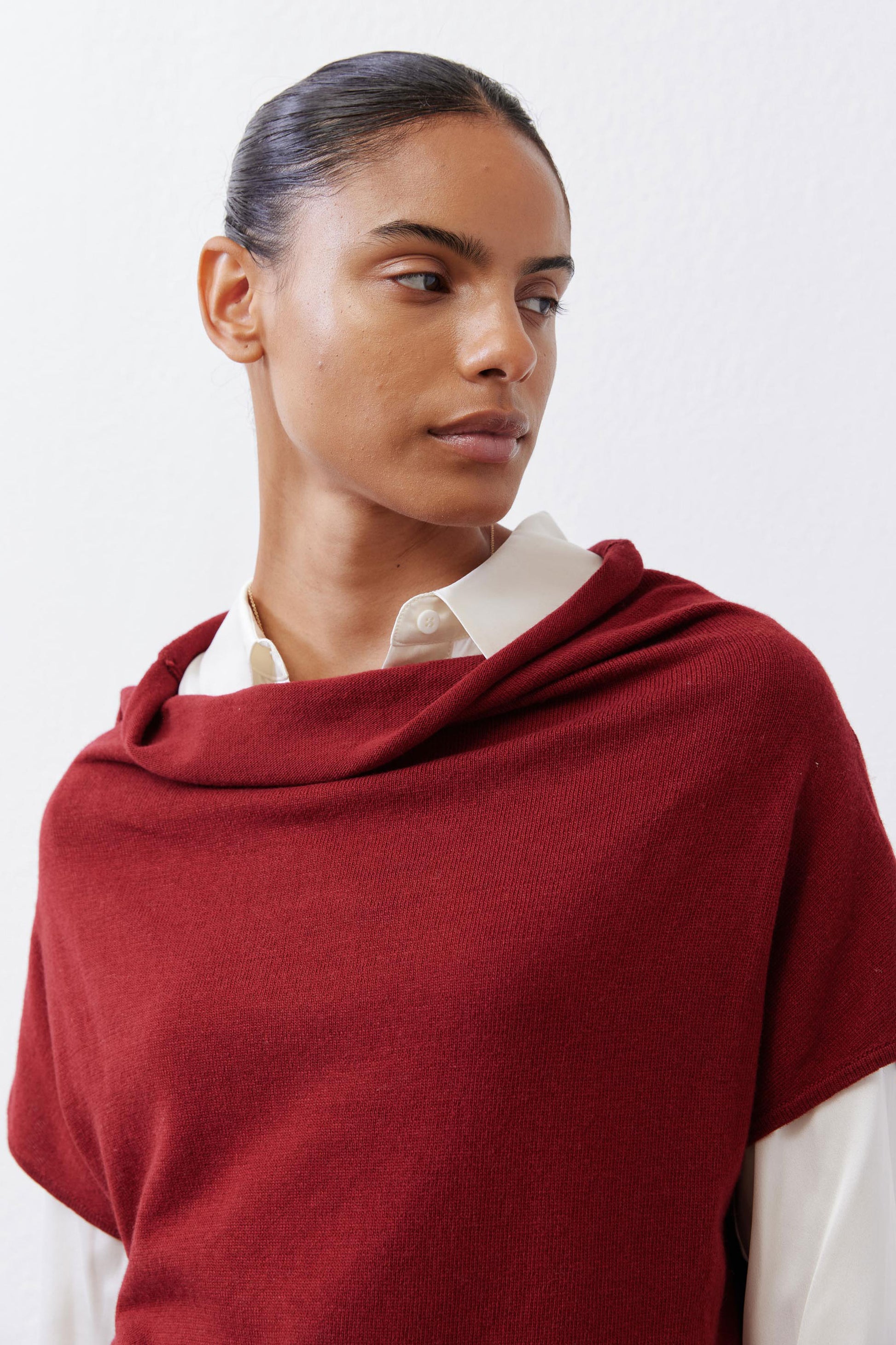 Dark cherry cowl-neck short-sleeve sweater close-up with ribbed neckline