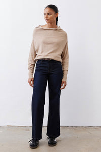 Latte cowl-neck knit sweater, relaxed fit with long sleeves