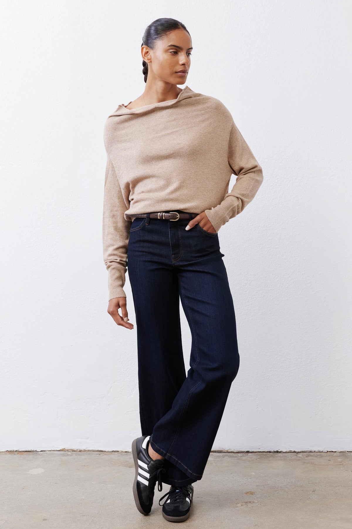 Latte long-sleeve sweater with draped cowl neck and ribbed cuffs