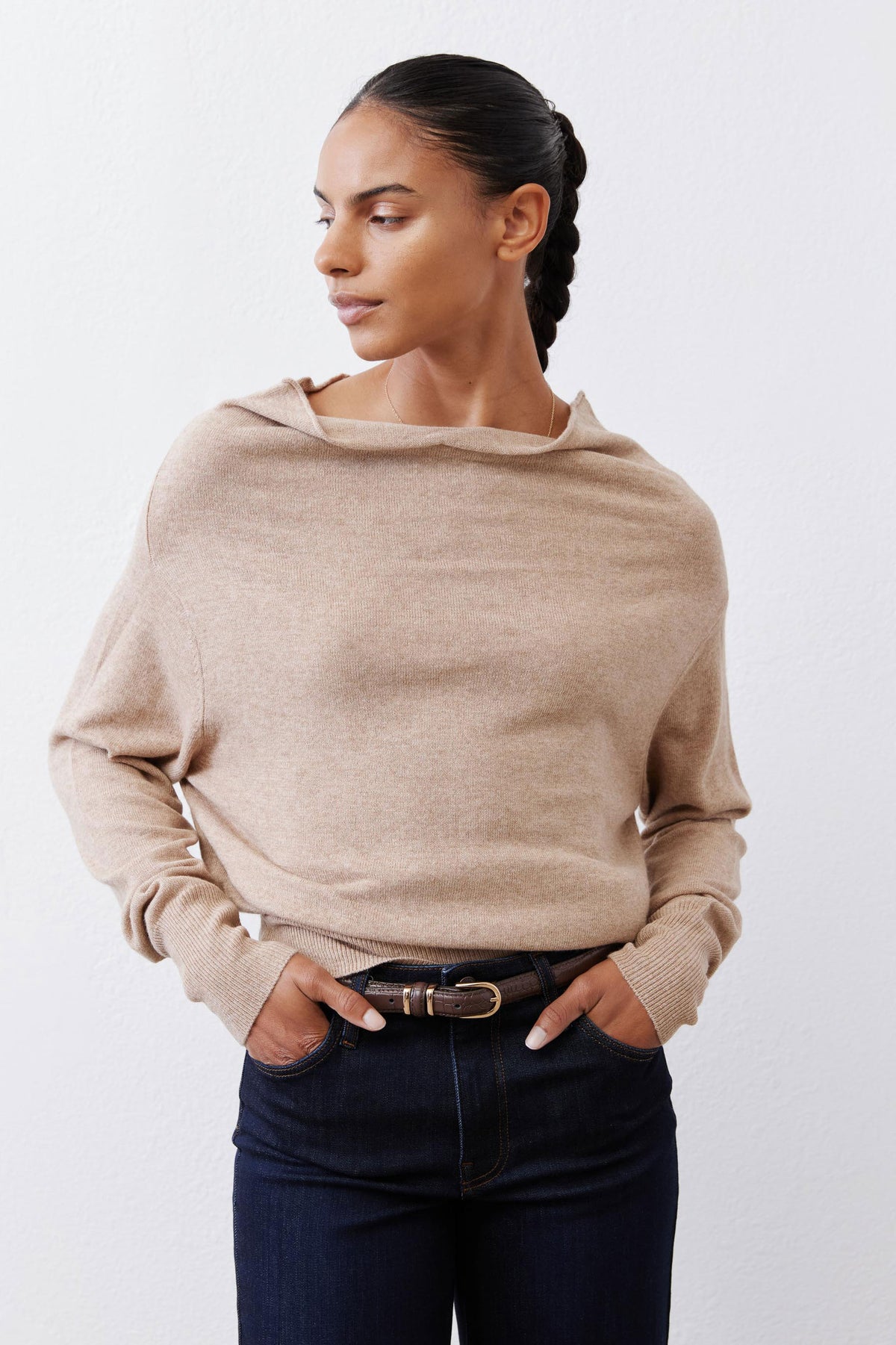 Latte knit sweater with draped cowl neckline and ribbed hem and cuffs