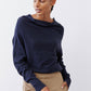 Navy cowl-neck knit sweater, front view with dropped shoulders