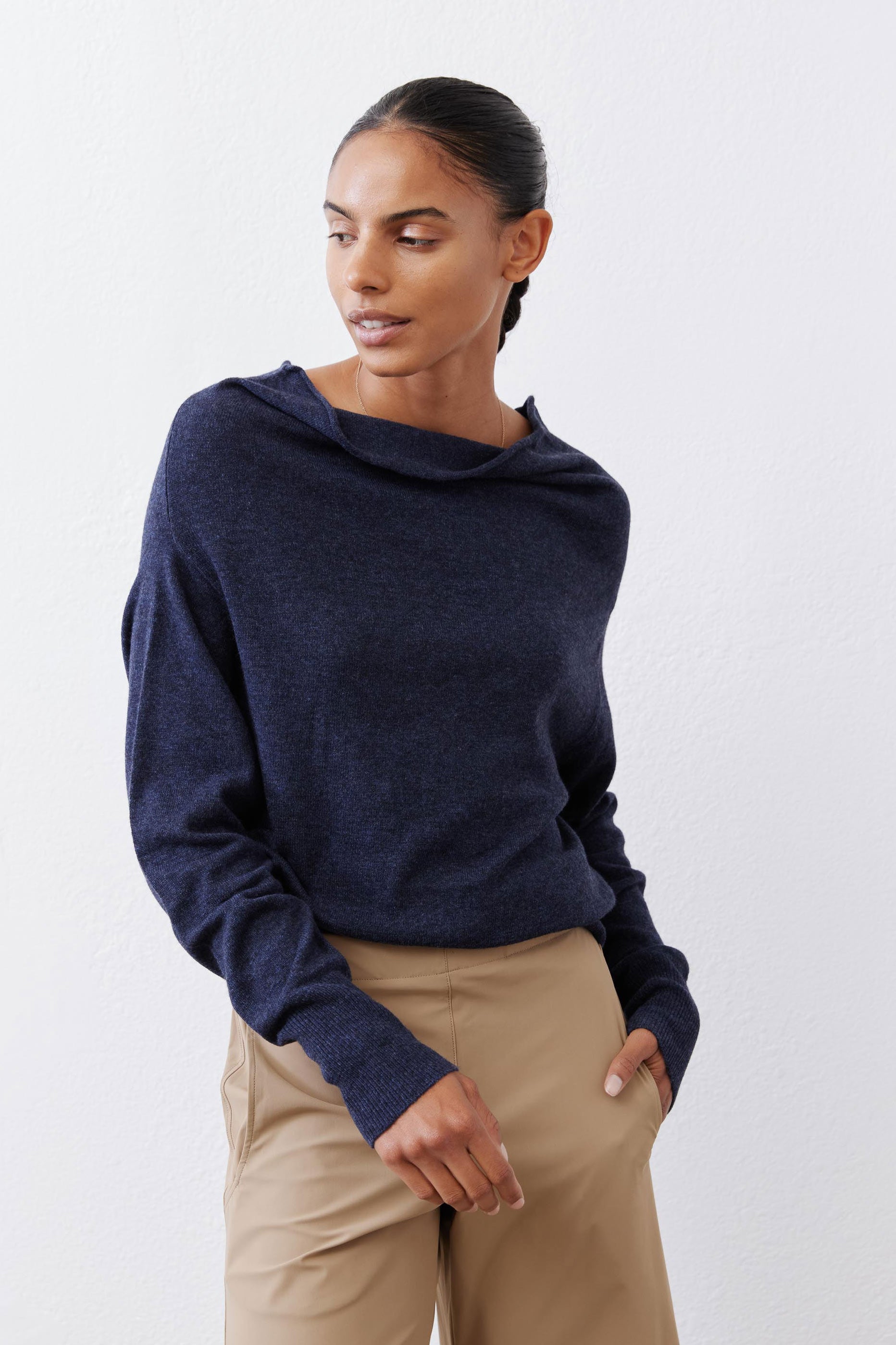 Navy cowl-neck knit sweater, front view with dropped shoulders