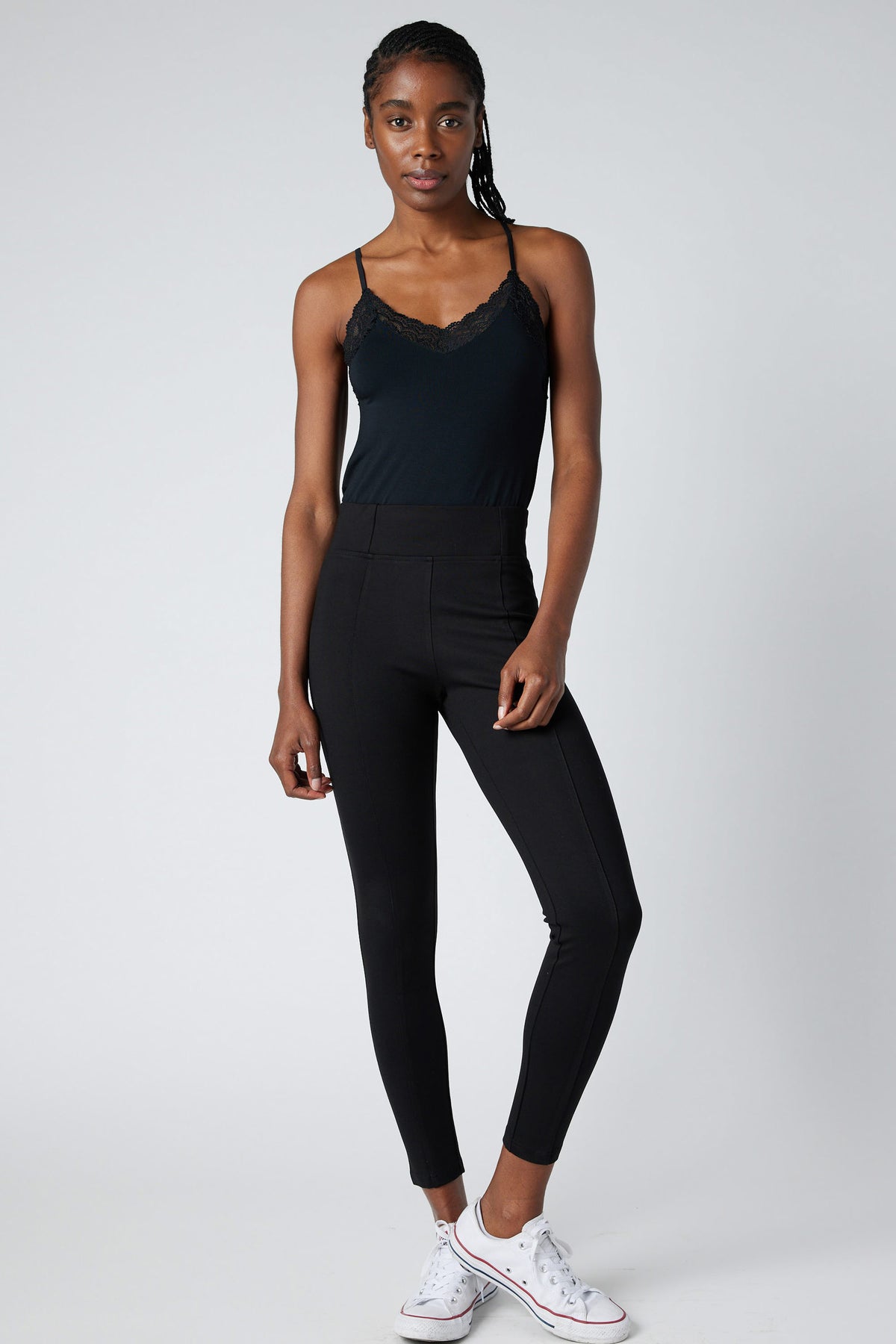 Black smart leggings, ankle length and fitted with smooth waistband and leg seams