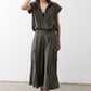 Oversized voile blouse in dark olive, short sleeves, V-neck button front, draped hem