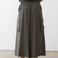 Olive cargo skirt pants back view with elastic waistband and cargo pockets