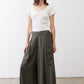 Olive cargo skirt pants with two cargo pockets and gathered elastic waistband