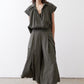 Oversized voile blouse in dark olive with short sleeves and V-neck button placket