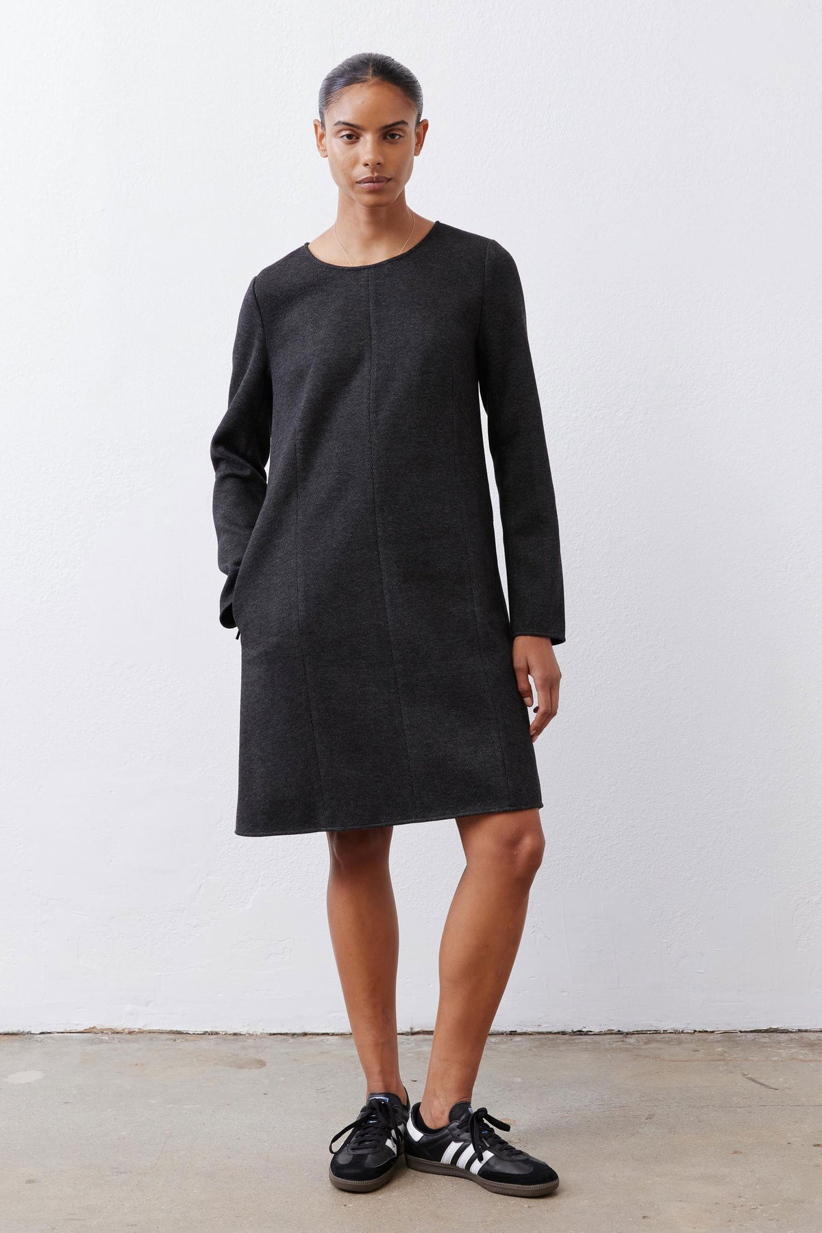 Charcoal herringbone long-sleeve ponte pocket dress, straight hem and crew neckline