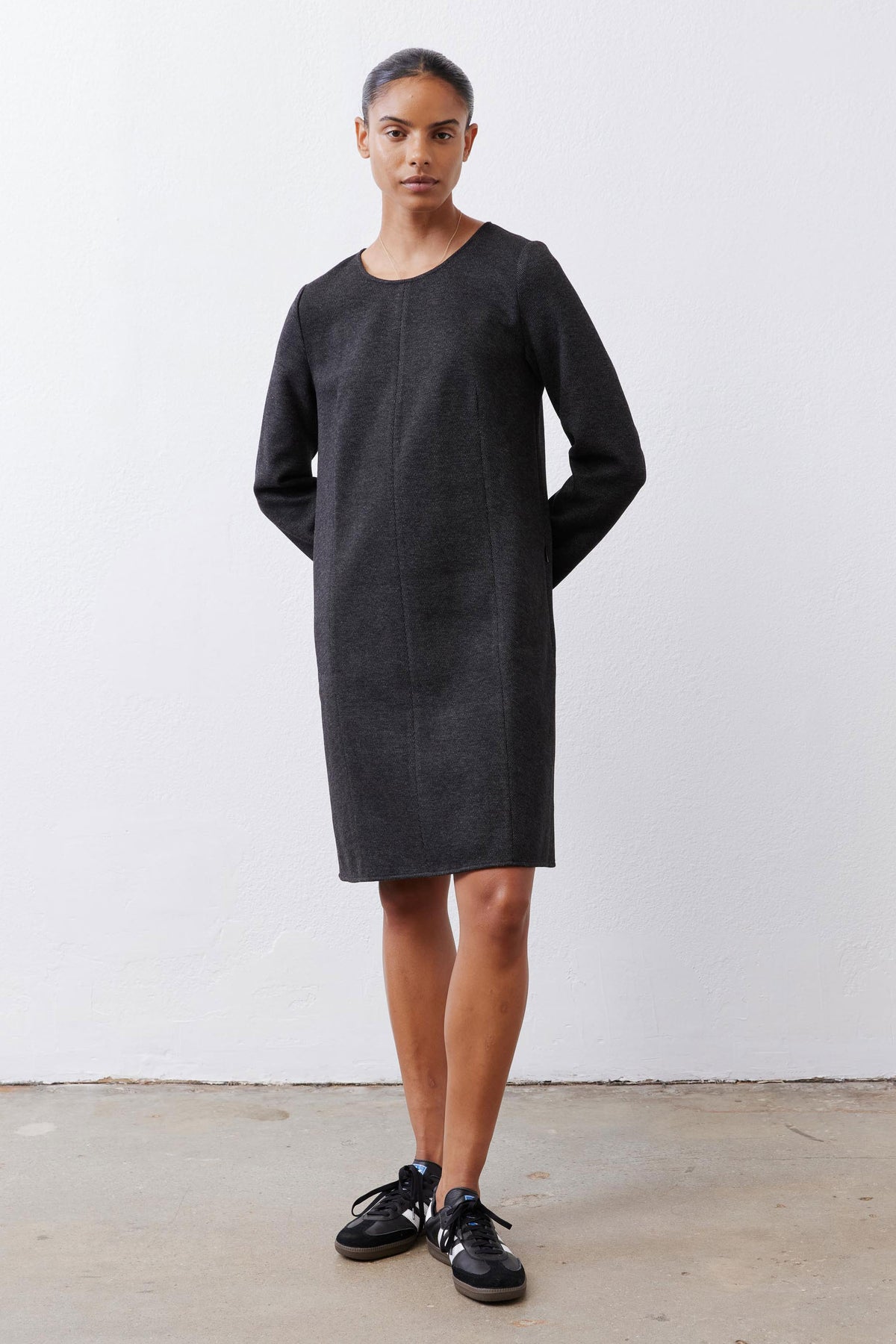 Charcoal herringbone long-sleeve ponte pocket dress, front view with knee-length hem