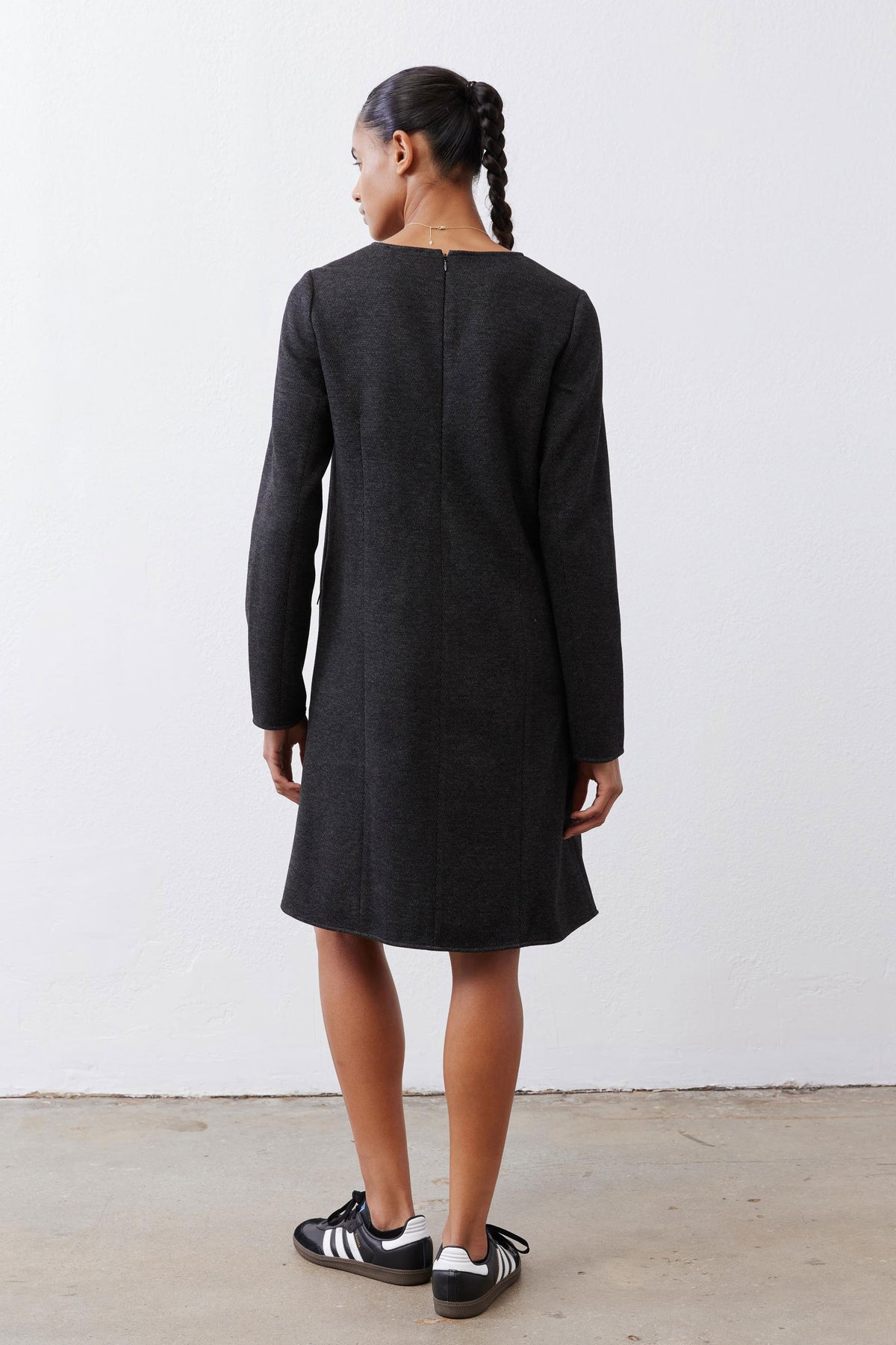 Charcoal herringbone long-sleeve ponte pocket dress, back view with center seam
