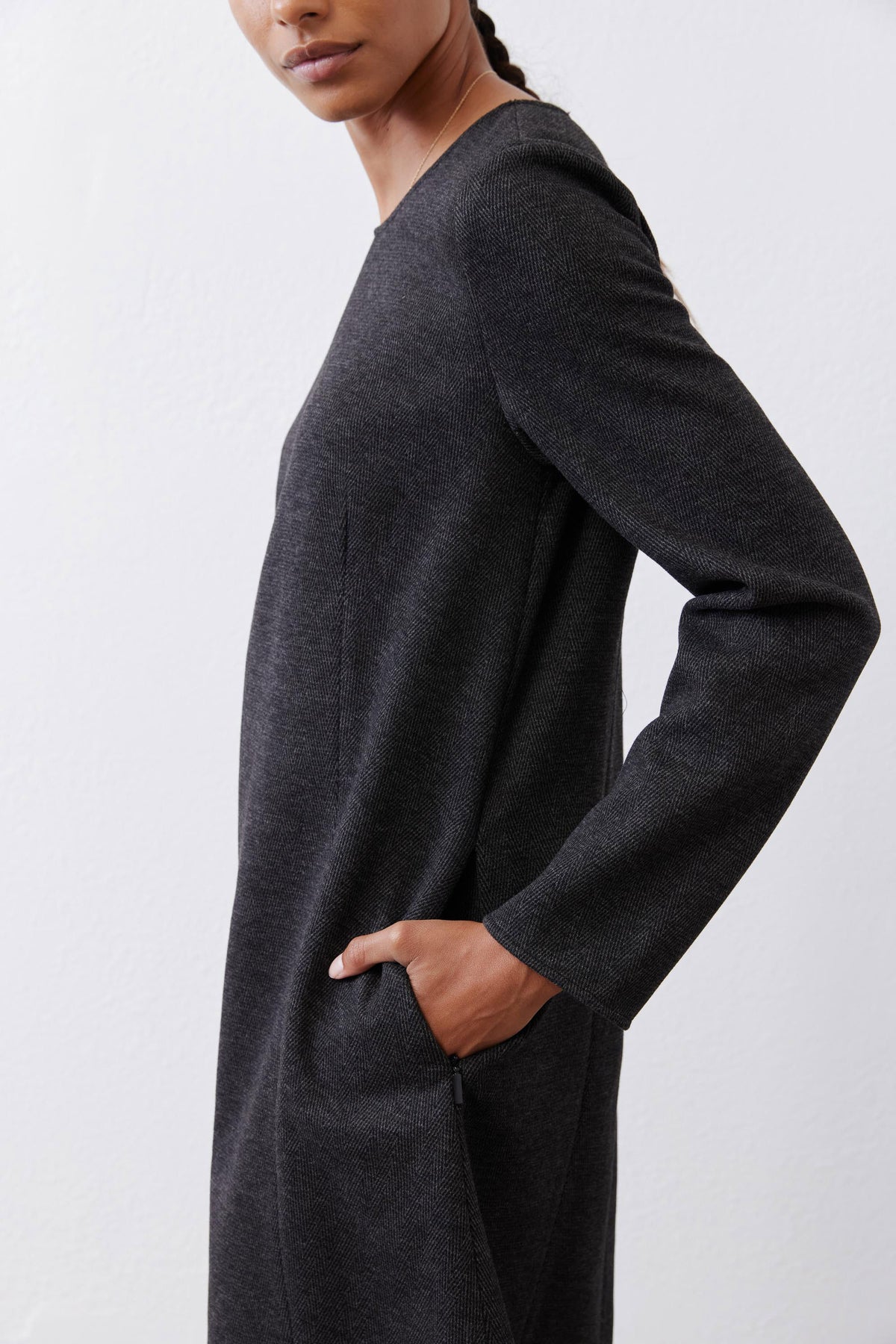 Charcoal herringbone long-sleeve ponte pocket dress with long sleeve and side pocket