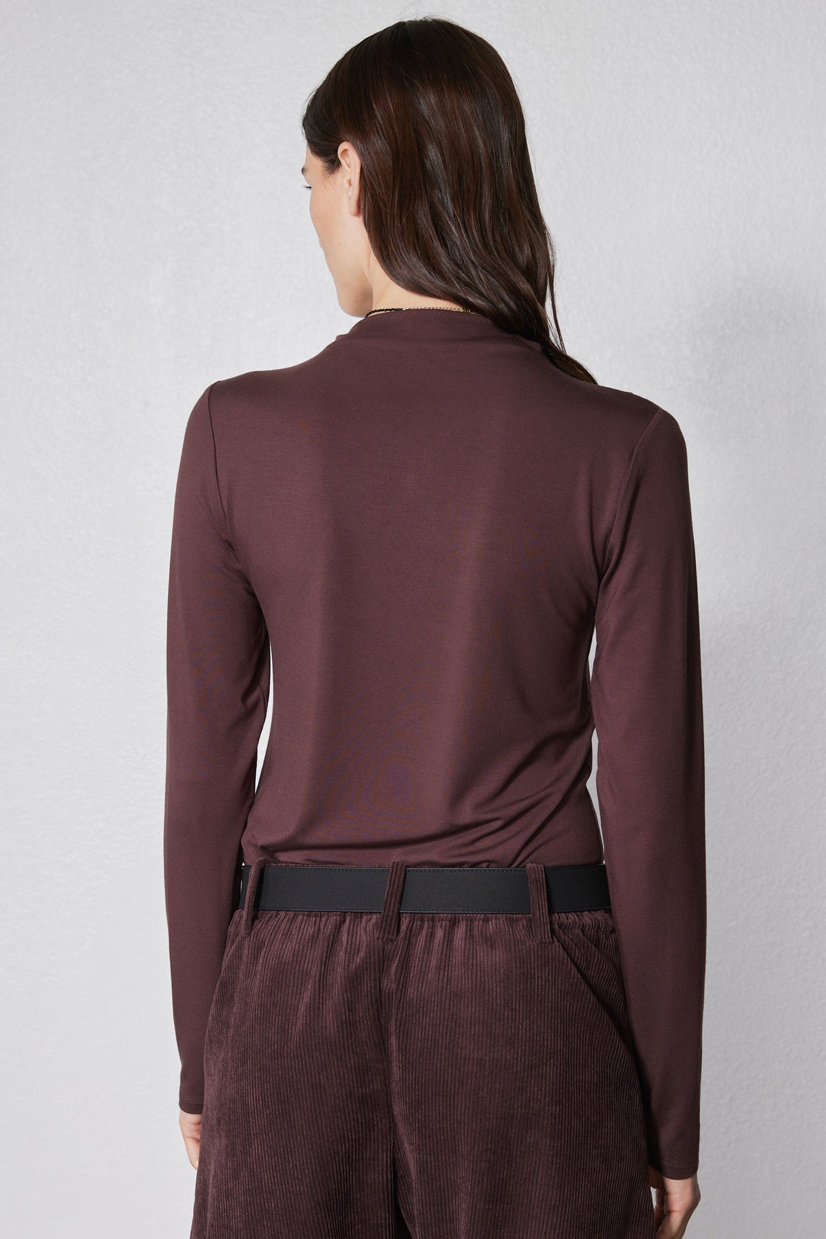 Brown long-sleeve mock-neck top with shoulder seam detailing, back view