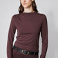 Brown long-sleeve mock-neck top with shoulder seam detailing and fitted front