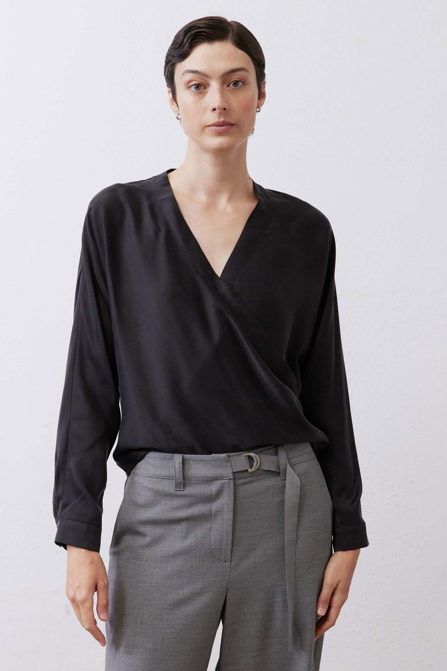 Long Sleeve Wrap Washable Silk Blouse