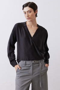 Black long sleeve wrap silk blouse with V-neck and crossover front