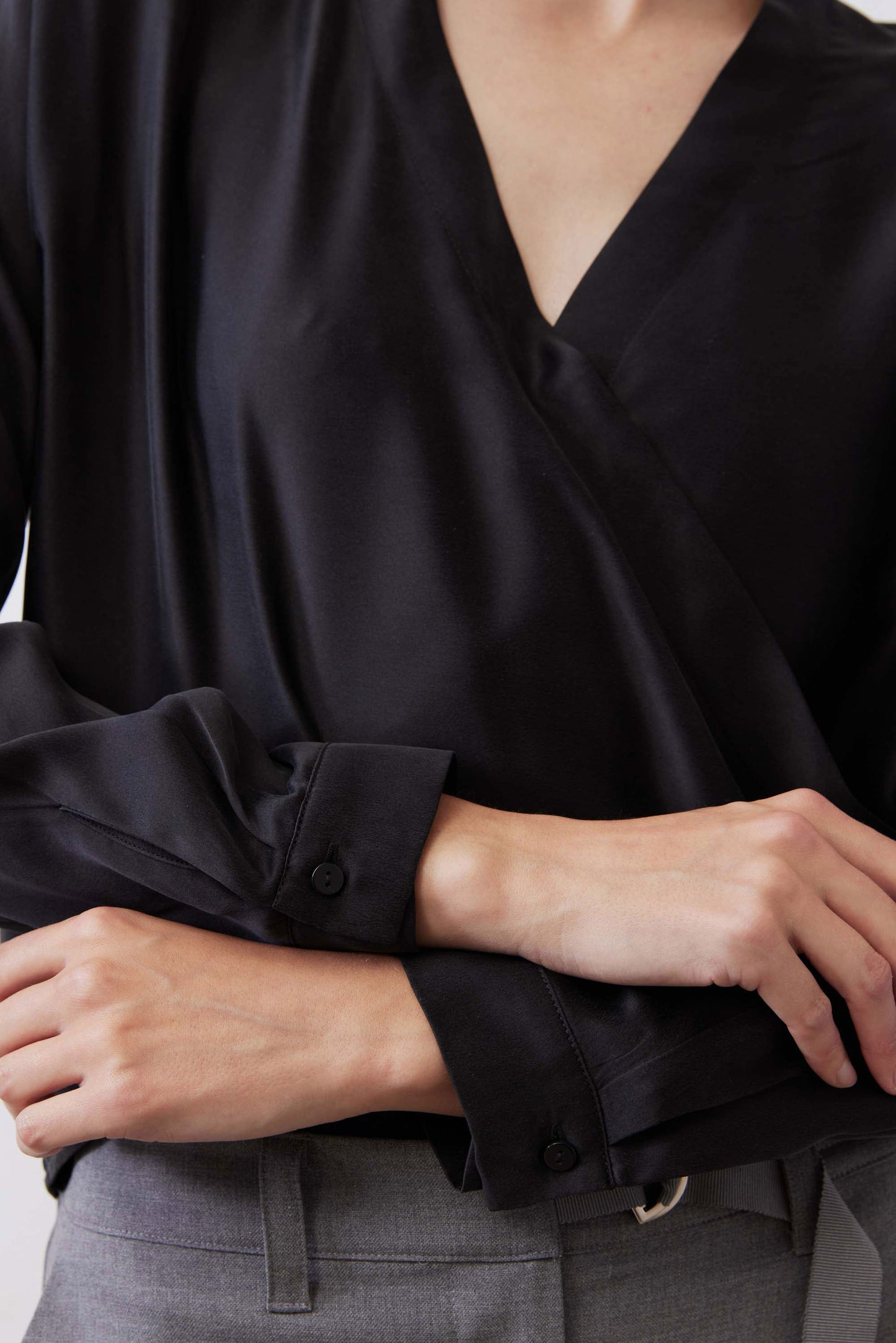 Long Sleeve Wrap Washable Silk Blouse