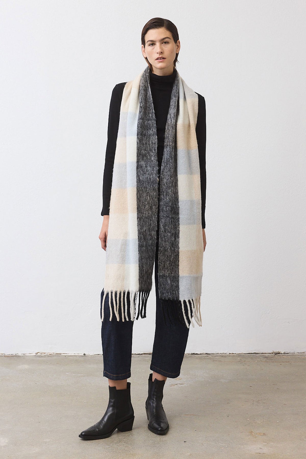 Long plaid wool mohair scarf, cream and gray blocks with fringe ends