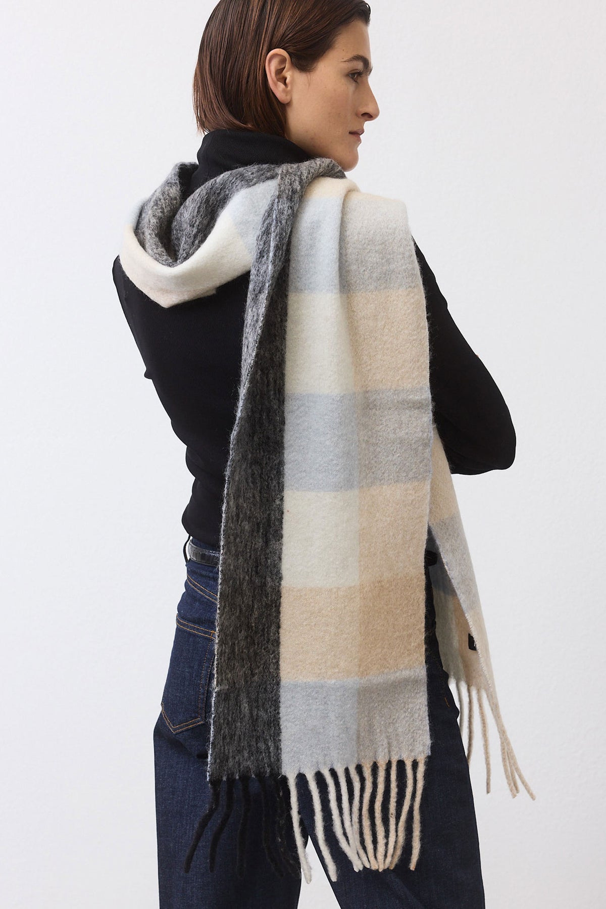 Wool mohair plaid scarf with fringe trim, cream and gray square pattern