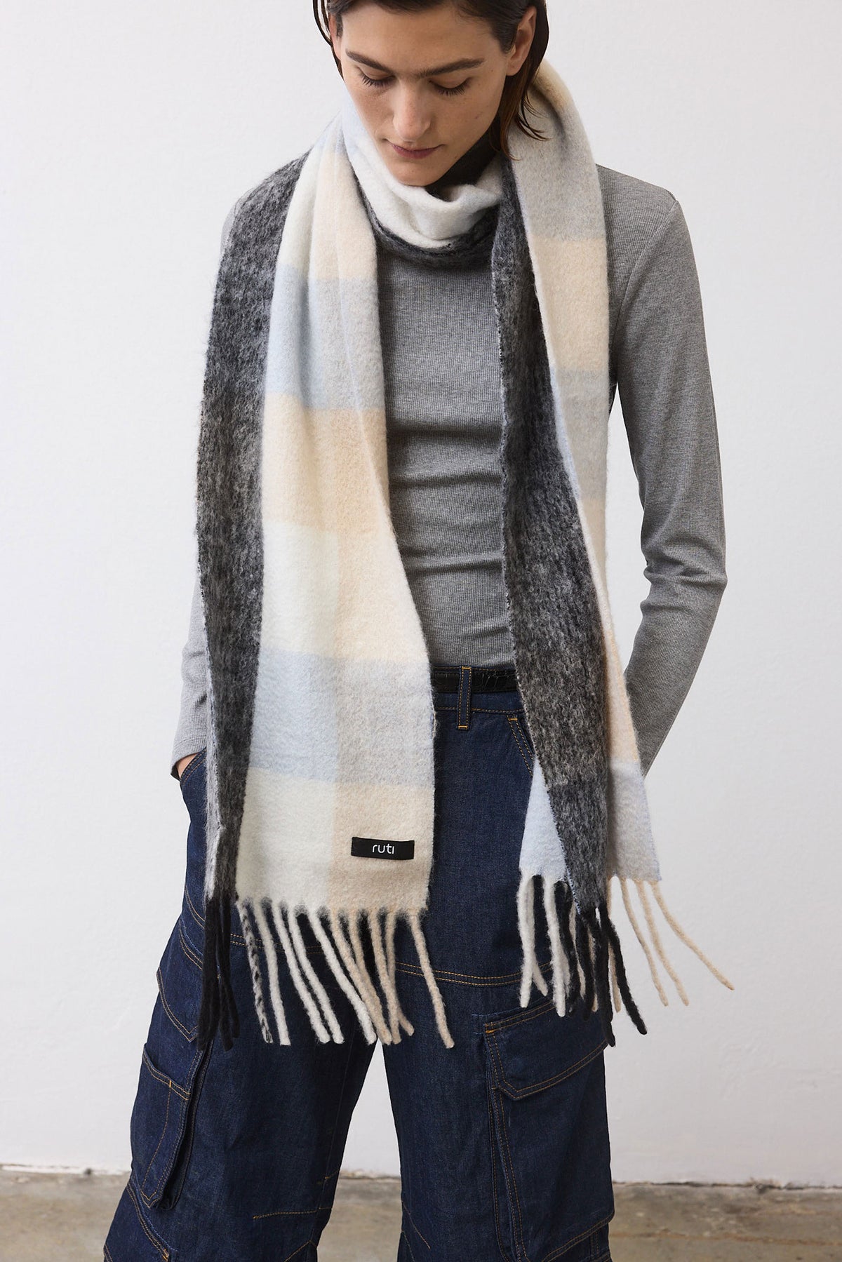 Plaid wool mohair scarf, dark gray and cream check with tassel fringe hem