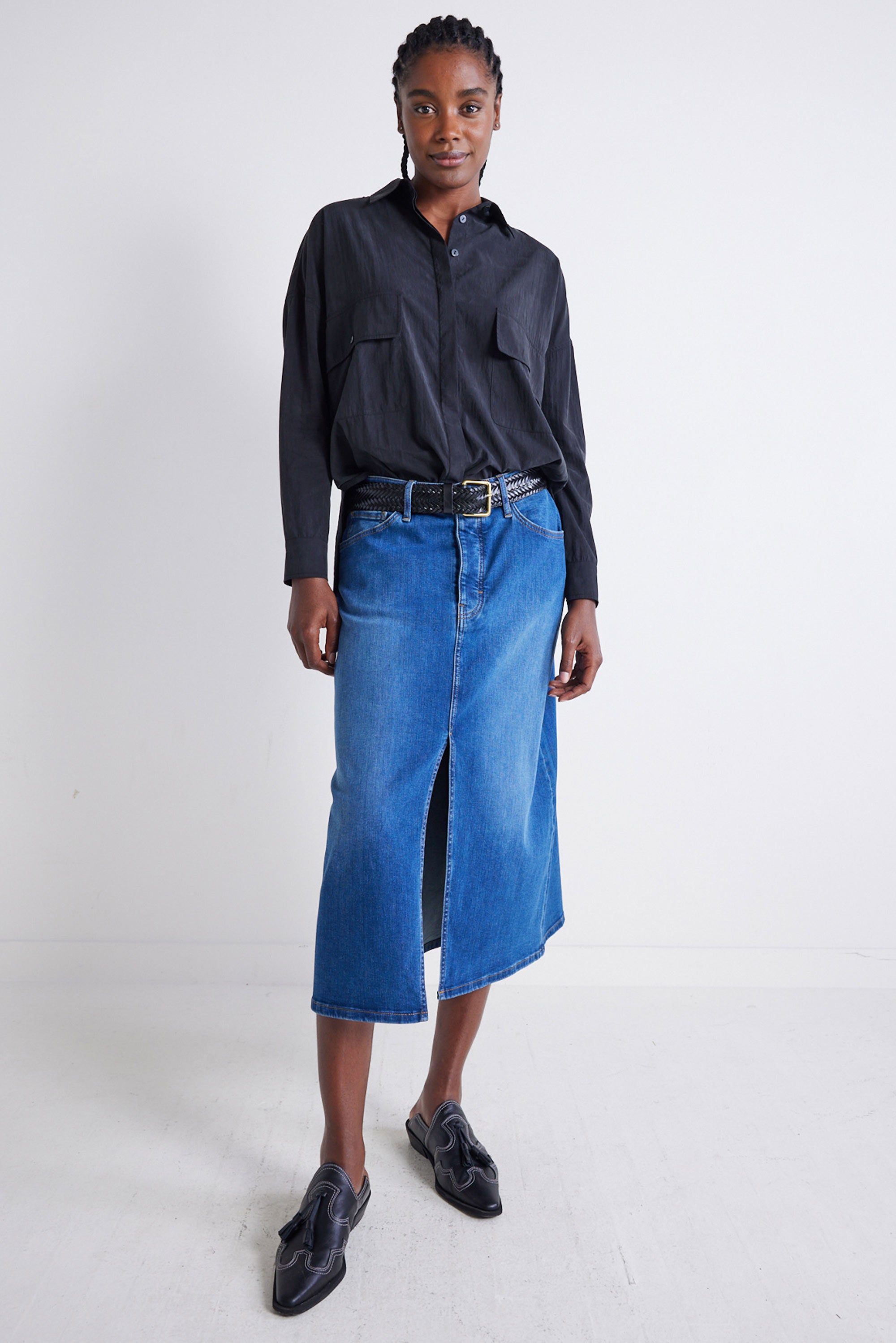 Denim midi skirt with belt hotsell