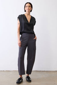 Graphite utility pants with elastic waist, cargo pockets, and cropped tapered legs