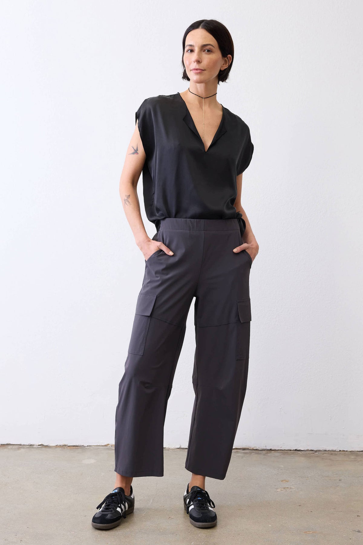 Graphite cropped utility cargo pants with elastic waist and flap thigh pockets